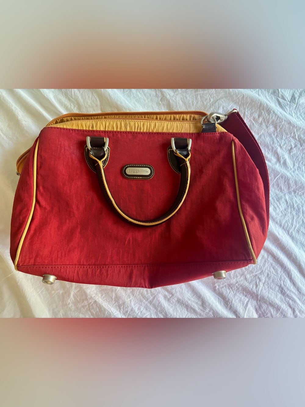 Baggallini Red Tote with Yellow Accent and Brown Handles